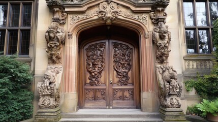 Obraz premium Ornately Carved Wooden Door with Intricate Architectural Details
