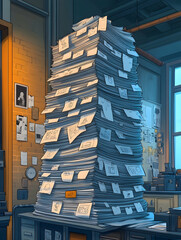 Huge stack of papers on desk in office.