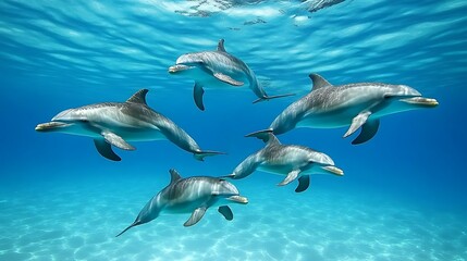 Obraz premium A group of dolphins swimming gracefully in clear blue water.