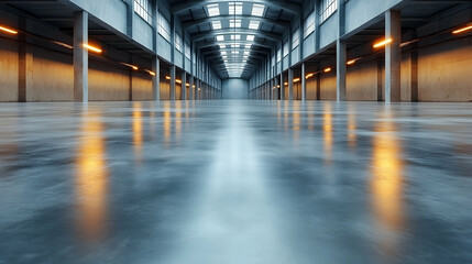 Large empty industrial warehouse interior with polished concrete floor and lighting.