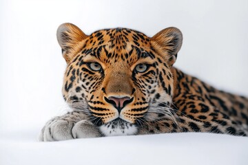 Obraz premium Studio photo of a leopard isolated against a white background. Wildlife and conservation concept, space for copy.