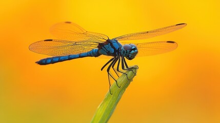 Vibrant Dragonfly Soaring Against Sunny Yellow Background