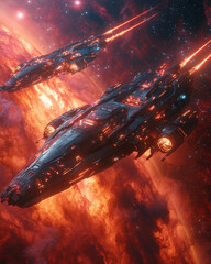 armada of sleek metallic spaceships with weapons deployed against a fiery nebula backdrop