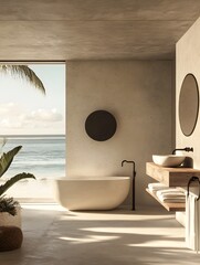 Luxurious Beachfront Bathroom with Modern Design. Featuring a Freestanding Tub, Large Mirror, and Stunning Ocean View Through Floor-to-Ceiling Windows, Perfect for Relaxation and Serenity.
