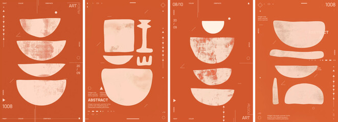 The posters feature abstract shapes and smooth forms in white on top of orange backgrounds, creating a modern aesthetic. The shapes are made from brushstrokes that give them texture.