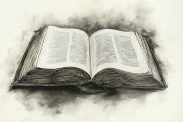 A monochromatic charcoal drawing of an open book with flowing, textured strokes creating a moody and artistic atmosphere, surrounded by abstract shadowy smudges and highlights
