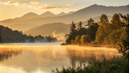 Fototapeta premium Serene sunrise over lake with mountains and mist in the foreground