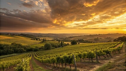 Fototapeta premium Stunning Sunset Over Vineyard with Lush Grape Rows and Clouds
