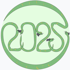 Happy New Year. Round 2025 logo with green snake in the form of letters and numbers.