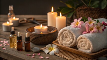 Luxurious spa setup with essential oils, candles, and towels