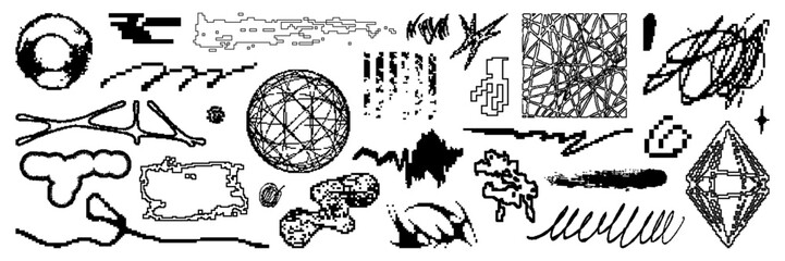 Obraz premium Set of bitmap graphic geometric asset. Vector modern shapes in Y2k pixelated aesthetic. Isolated element for stickers, poster, collage, design template.