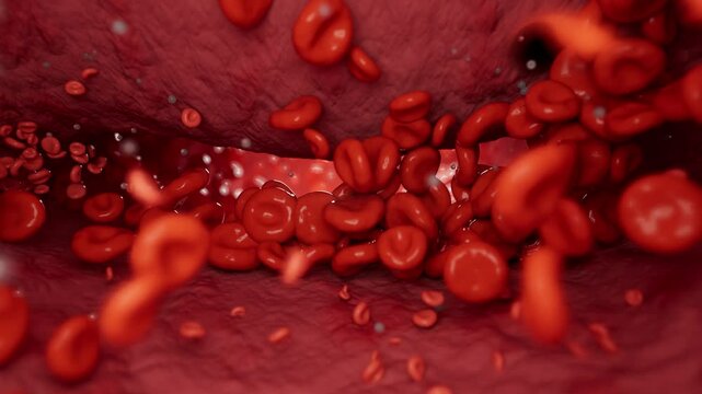 3D animation showing hemoglobin cells traveling through a vein and depicting carotid artery stenosis, the narrowing of carotid arteries. Highlights stroke risks and symptoms in a medical visualization
