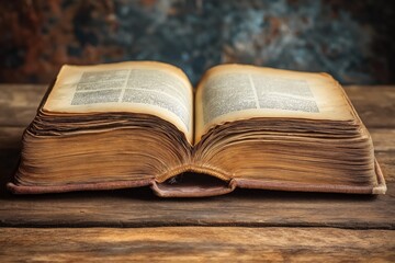 Obraz premium A detailed image of an open antique book with aged, textured pages resting on a rustic wooden table, evoking a sense of history, knowledge, and timeless elegance in a warm atmosphere
