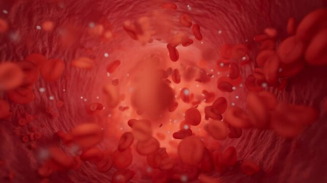 3D animation of a blood stream inside an artery, featuring erythrocytes, lymphocytes, and thrombocytes in motion. A detailed medical visualization of blood flow within a vessel.