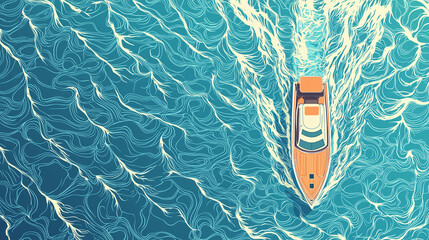 Top view of a boat on abstract turquoise water with flowing wave patterns.