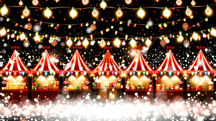 Whimsical circus tent adorned with twinkling Christmas lights, perfect for festive holiday card design