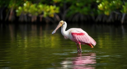 Magnificent roseate spoonbill wading in tranquil wetlands habitat