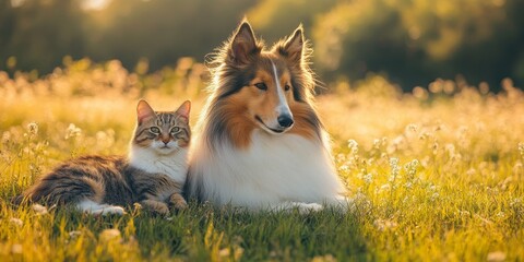 Collie dog and cat explore a sunny summer field together, showcasing their companionship and the joy of friendship in nature. The collie dog and cat enjoy their time in the vibrant summer field.