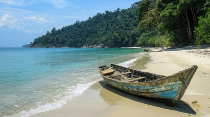 Fototapeta premium Old wooden boat on a tropical beach.