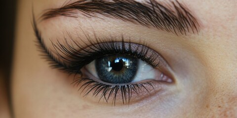 Obraz premium Captivating close-up of a striking blue eye adorned with long lashes revealing intricate details of beauty and emotion