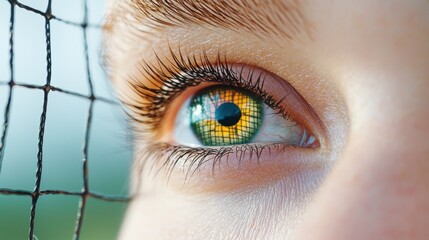 A close up shot of a person eye overlaid with a digital grid, tracking their gaze and pupil movements, highlighting the precision of eye tracking technology.