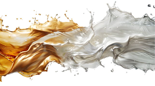 Brown, Golden, Silver liquid colour mixed isolated on a transparent background