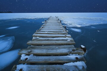 a long wooden pier in the middle of a body of water