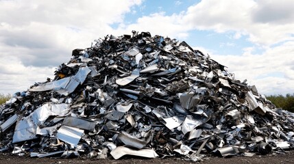 A large pile of metallic scrap metal, indicative of recycling and waste management.