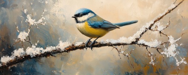 Naklejka premium Blue tit perched elegantly on a frosty branch