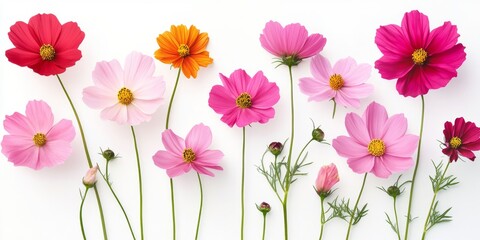 Fototapeta premium Cosmos flowers displayed against a white background highlight the beauty and charm of cosmos flowers, making them a perfect choice for enhancing any design featuring cosmos flowers.