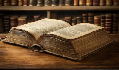 Obraz premium An open book resting on a table inside a quiet library, surrounded by shelves of books. The warm, inviting ambiance of the library creates a perfect setting for reading and knowledge sharing, with the