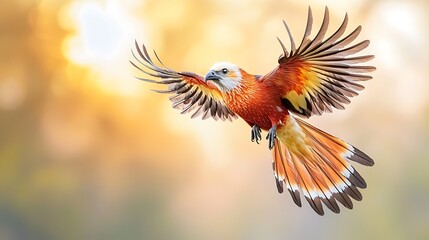 Obraz premium The majestic firebird, with vibrant feathers ablaze in the fiery hues of the setting sun, rises boldly into the sky