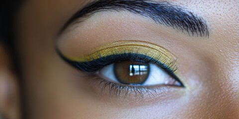 Fototapeta premium Captivating close-up of a vibrant eye with striking yellow and black eyeliner showcasing natural beauty and artistic makeup techniques