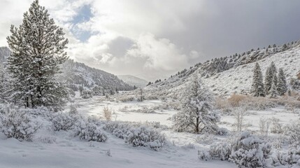 Serene winter landscape with snow-covered trees and a winding river.