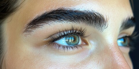 Obraz premium Close up of mesmerizing green eyes showcasing perfect brows and delicate lashes in natural light, highlighting beauty and expression