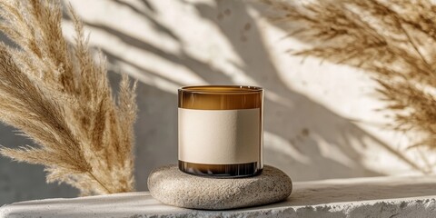 Candle featuring a blank paper label rests on a beige stone alongside dried pampas grass, creating a close up view perfect for boho brand packaging mock ups. Ideal for home decoration in a nature