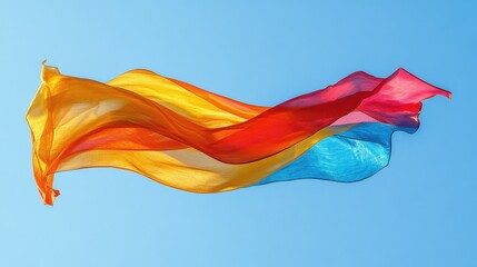 Close-up of a flag gently waving in the wind against a clear blue sky, showcasing vibrant colors and intricate designs.