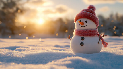 Fototapeta premium Snowy Winter Landscape with Frosty the Snowman at Sunrise