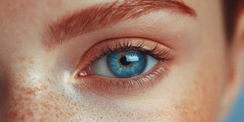 Fototapeta premium Captivating blue eye revealing intricate details and natural beauty in a close-up portrait set against a soft background