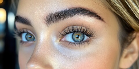 Captivating gaze of a young woman showcasing vibrant green eyes and perfectly groomed brows in natural light