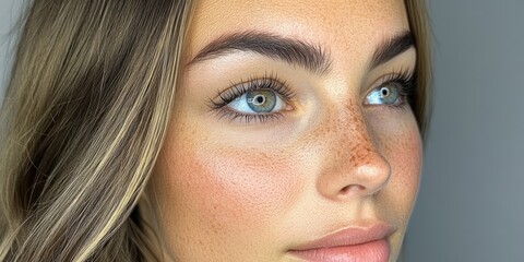 Obraz premium Captivating gaze of a young woman with striking blue eyes and natural freckles against a soft background