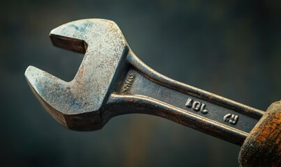 Close-up of a rusty adjustable wrench, highlighting its wear and use.