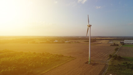 Drone view of wind turbine farm generating renewable energy