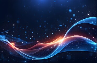 Obraz premium Abstract purple-blue background with glowing particles, waves, and stars. Starscapes, cosmos, science, galaxy, futuristic world. Designed for banners, wallpaper.