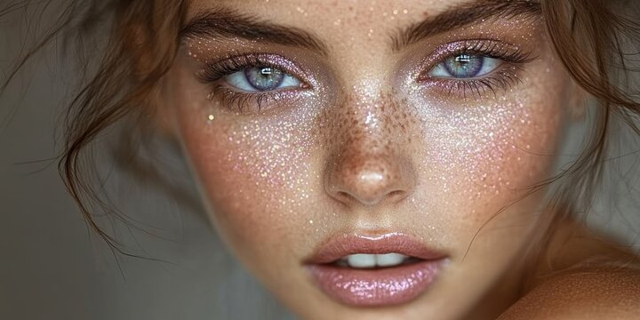 Captivating beauty with shimmering skin and sparkling eyes in a warm and inviting atmosphere that enchants the viewer