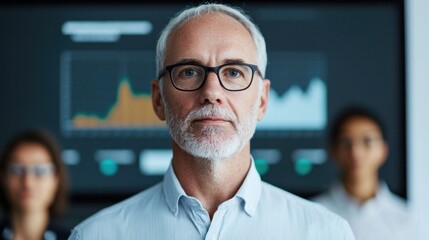 A confident middle-aged man stands in front of a digital screen displaying data charts, flanked by two colleagues, in a modern office environment.