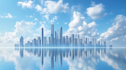 Fototapeta premium A stunning city skyline featuring iconic skyscrapers of Dubai and Shanghai reflected on the tranquil surface of a lake. The shimmering waters perfectly mirror the modern architecture, creating a breat