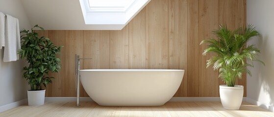 Modern bathroom with freestanding bathtub, wood wall, plants, and skylight.