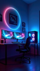 Fototapeta premium A modern gaming setup featuring dual monitors and vibrant LED lighting, creating an immersive atmosphere for gaming or digital work.