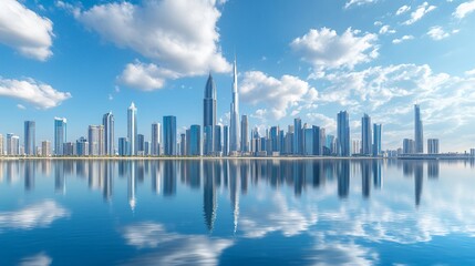 Fototapeta premium A stunning city skyline featuring iconic skyscrapers of Dubai and Shanghai reflected on the tranquil surface of a lake. The shimmering waters perfectly mirror the modern architecture, creating a breat
